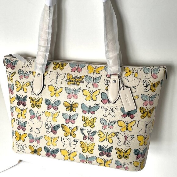 Coach Gallery Tote Butterfly White Signature Canvas CAR36 Shoulder Bag Yellow - Picture 6 of 11
